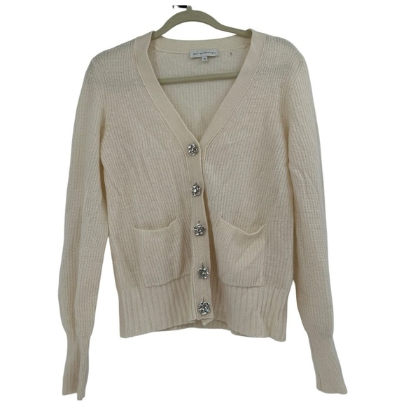 White + Warren 100% Cashmere White Cream Cardigan Rhinestone Button Classic - Picture 1 of 5